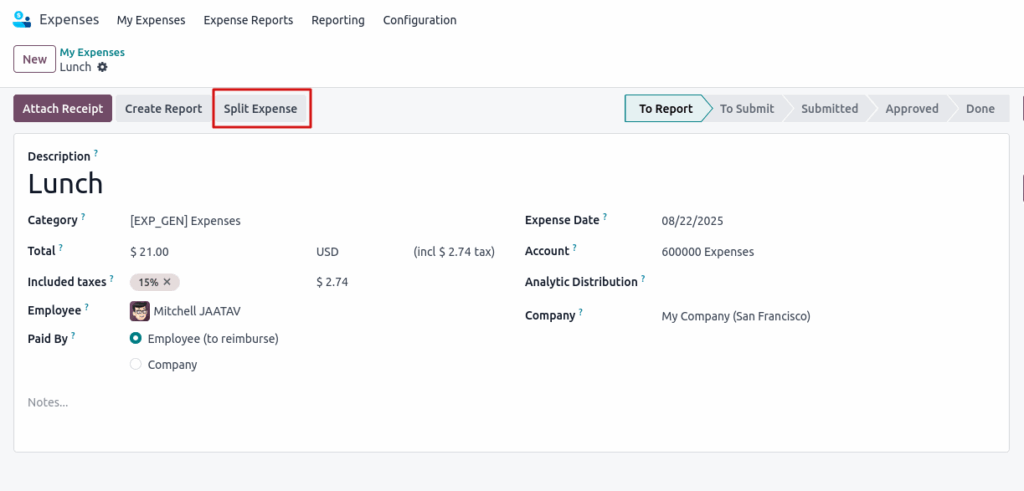 Odoo Expenses Email Split Expense Button View