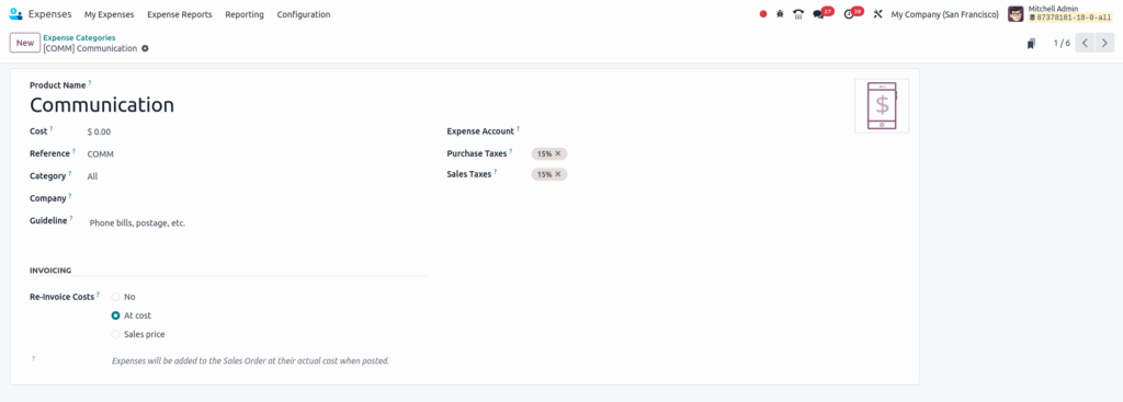 Odoo Expenses Expenses Categories Form View