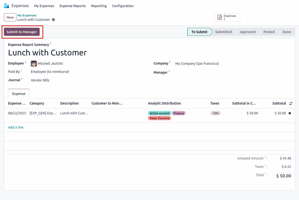Odoo Expenses Expenses report Submit View
