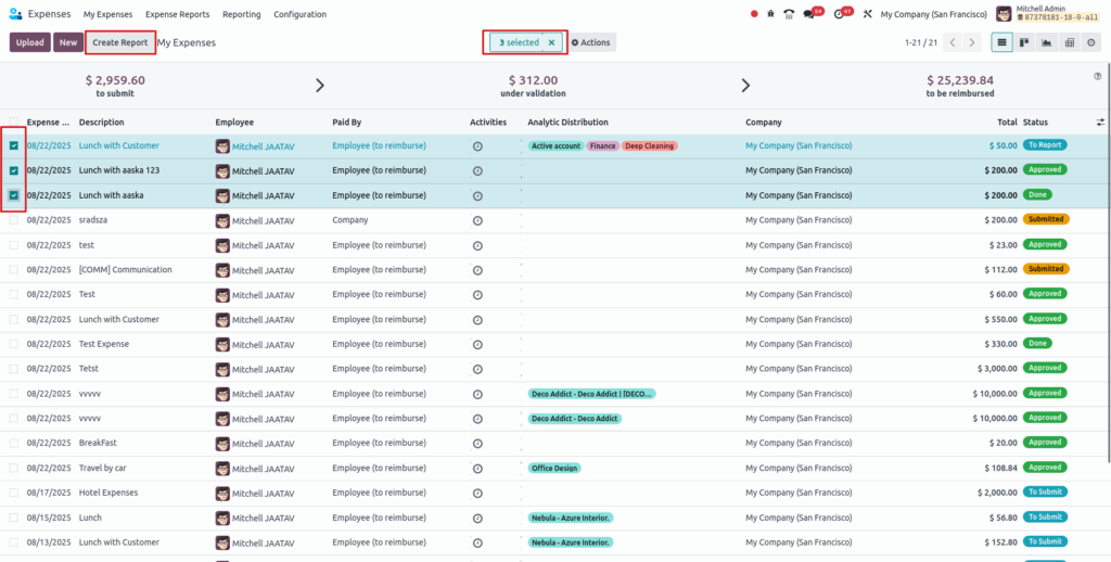 Odoo Expenses Expenses report create View