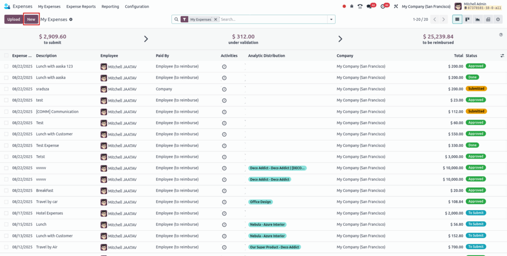 Odoo Expenses Manual Expenses Tree View