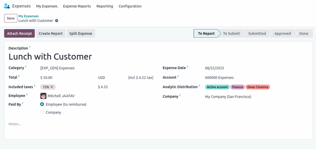 Odoo Expenses Manual Expenses form View