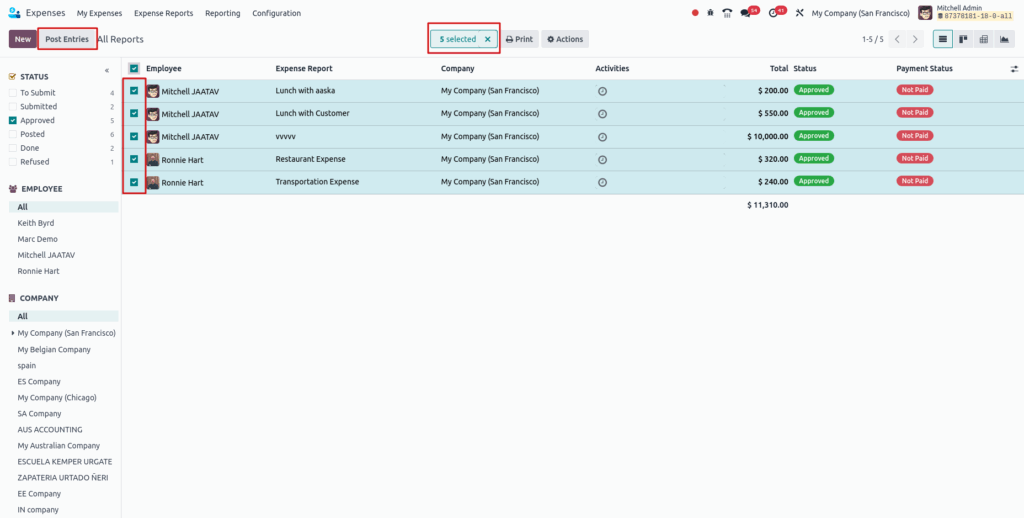 Odoo Expenses Post Entries View