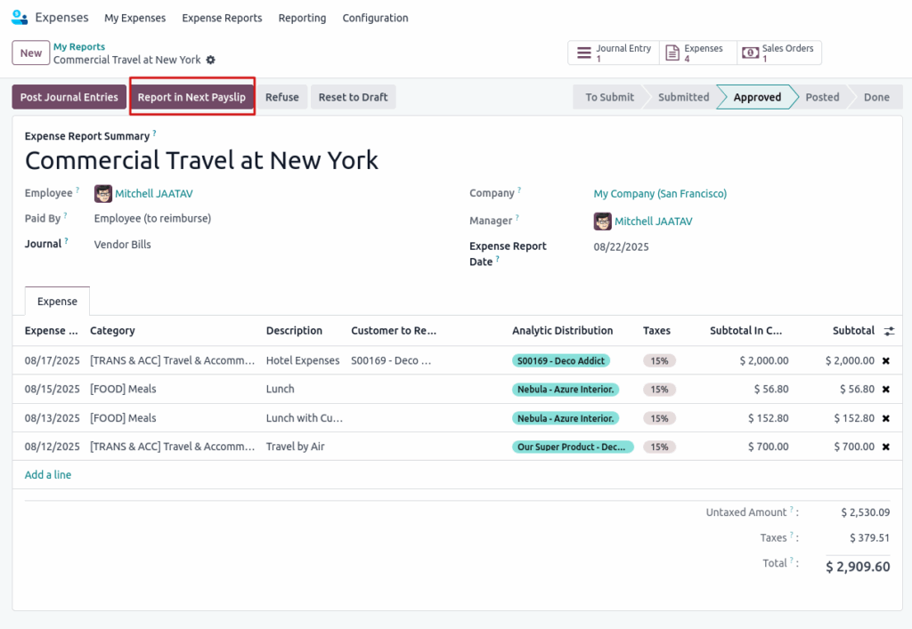Odoo Expenses Reimburse in Payslip option View
