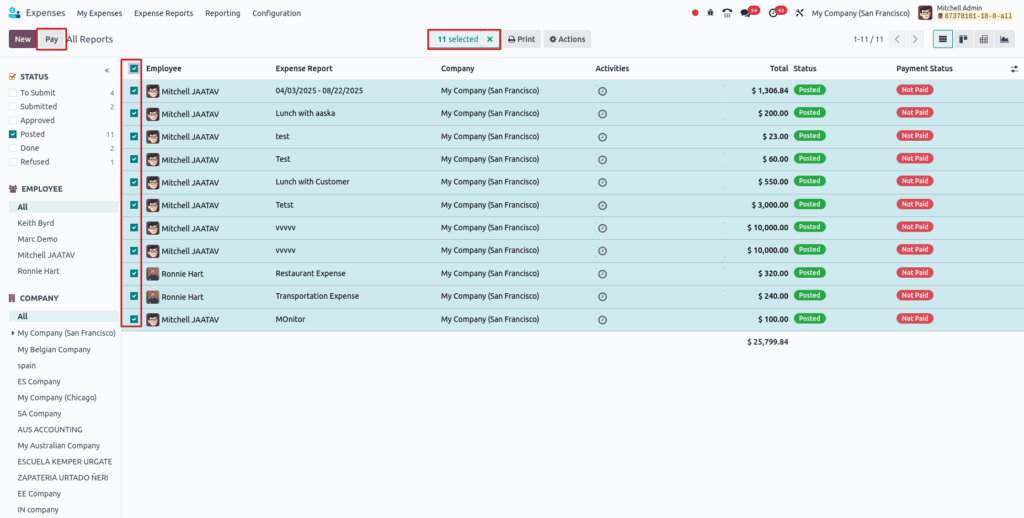 Odoo Expenses Reimburse in bulk View