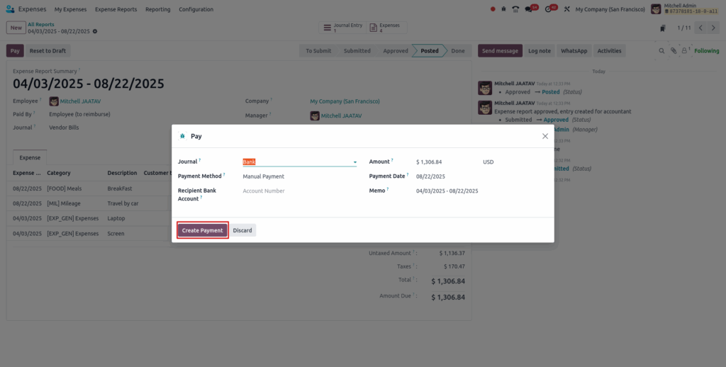 Odoo Expenses Reimburse in payment details View