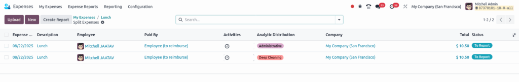 Odoo Expenses Splitted Expense View