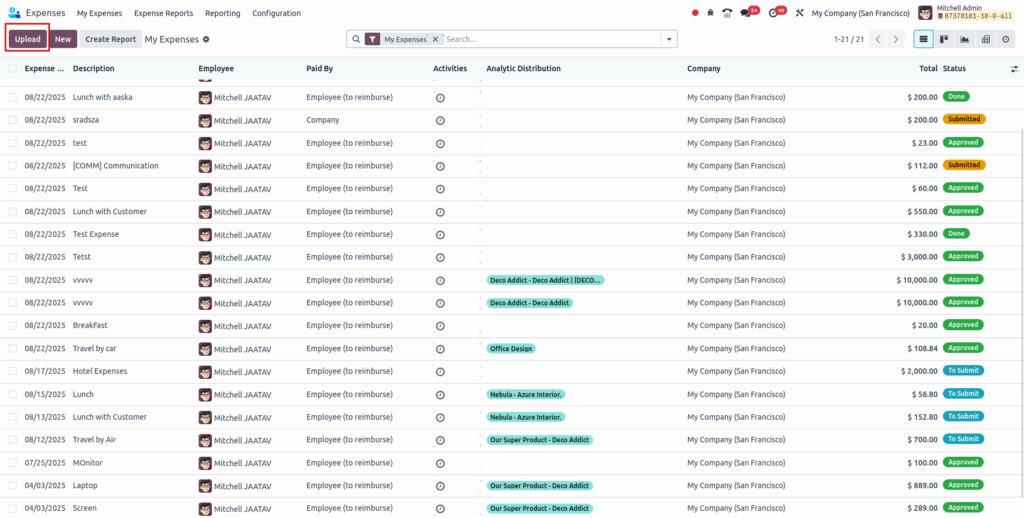 Odoo Expenses Upload Expenses Button View