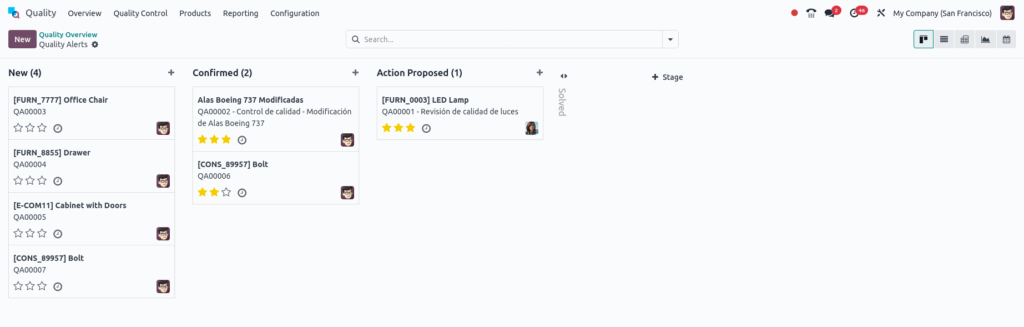 Odoo Quality Overview Quality Alerts Kanban View Screenshot
