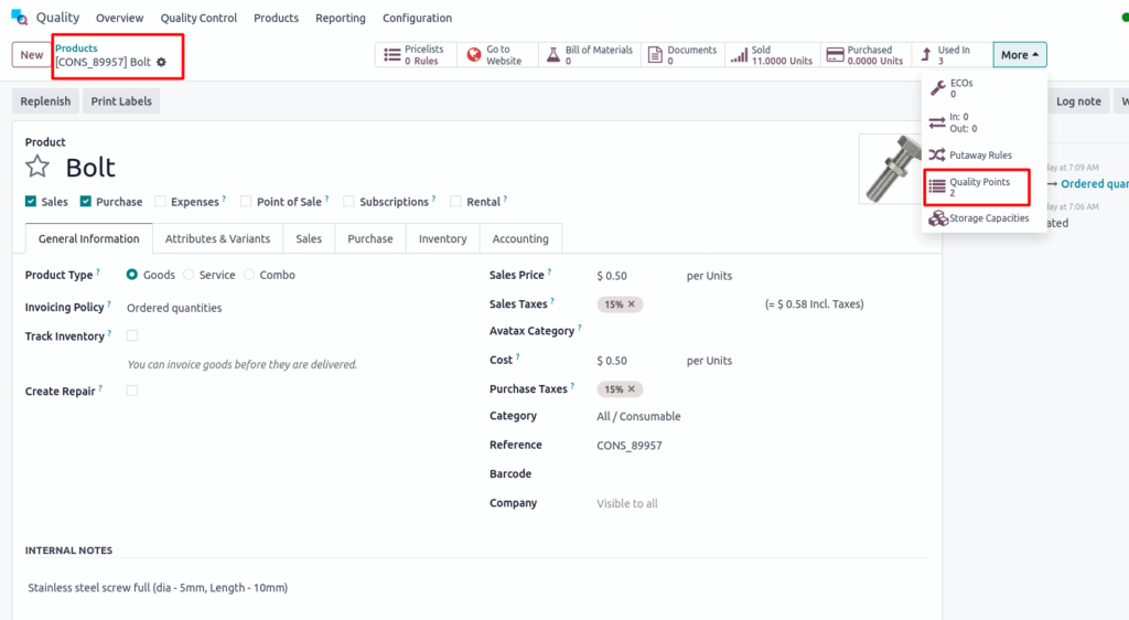 Odoo Quality Product Form View Screenshot