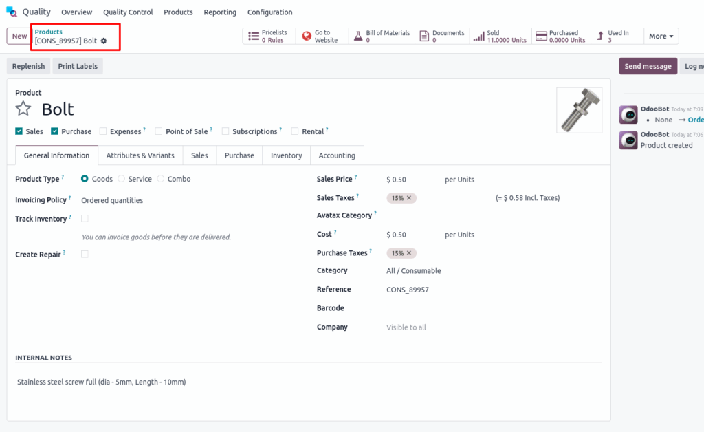 Odoo Quality Products Quality Points smart button Screenshot
