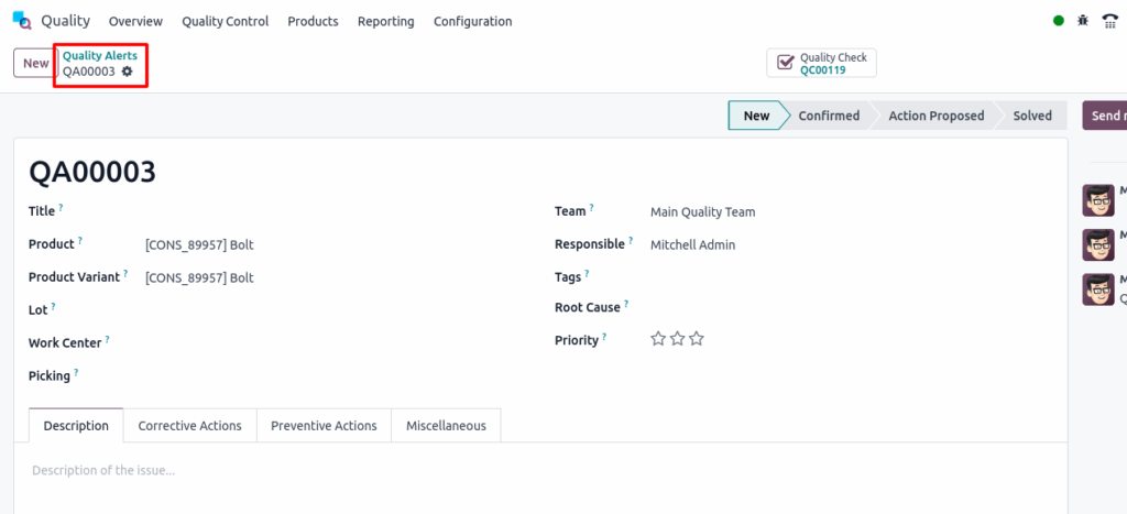 Odoo Quality Quality Alert Screenshot