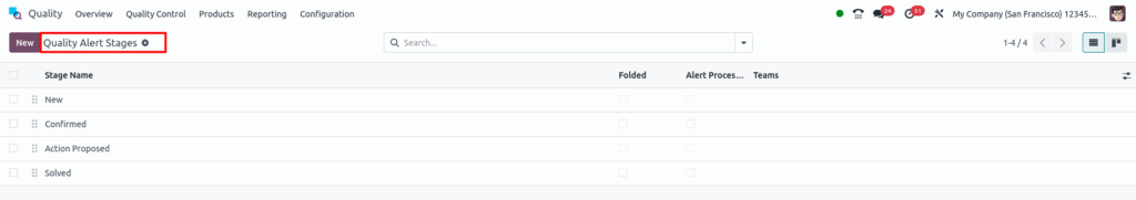 Odoo Quality Quality Alert Stages Screenshot