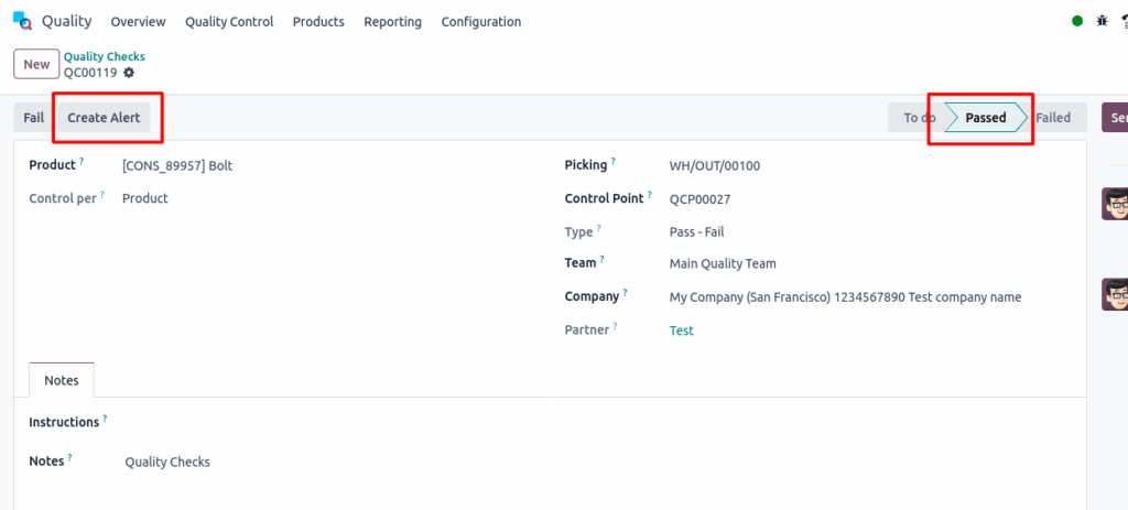Odoo Quality Quality Checks After Pass Record Screenshot