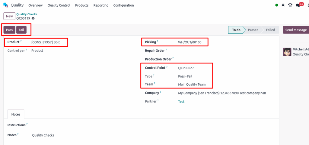 Odoo Quality Quality Checks Pass&Fail Screenshot