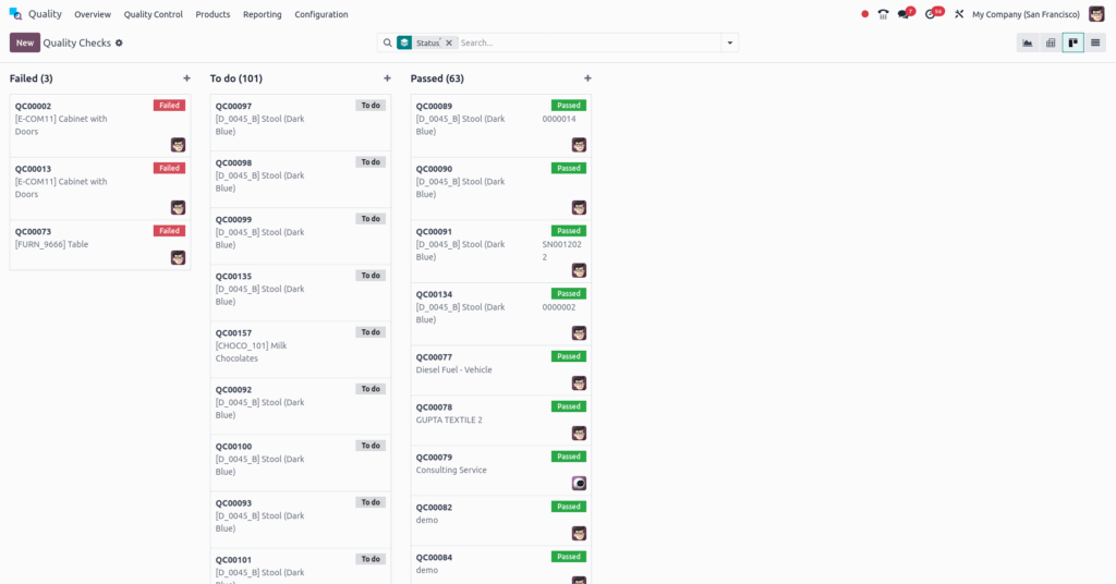 Odoo Quality Quality Checks Reporting PassandFail Screenshot