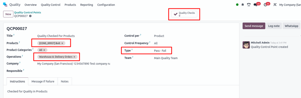 Odoo Quality Quality Control Points Screenshot