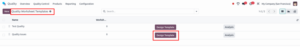 Odoo Quality Worksheet Templates Screenshot