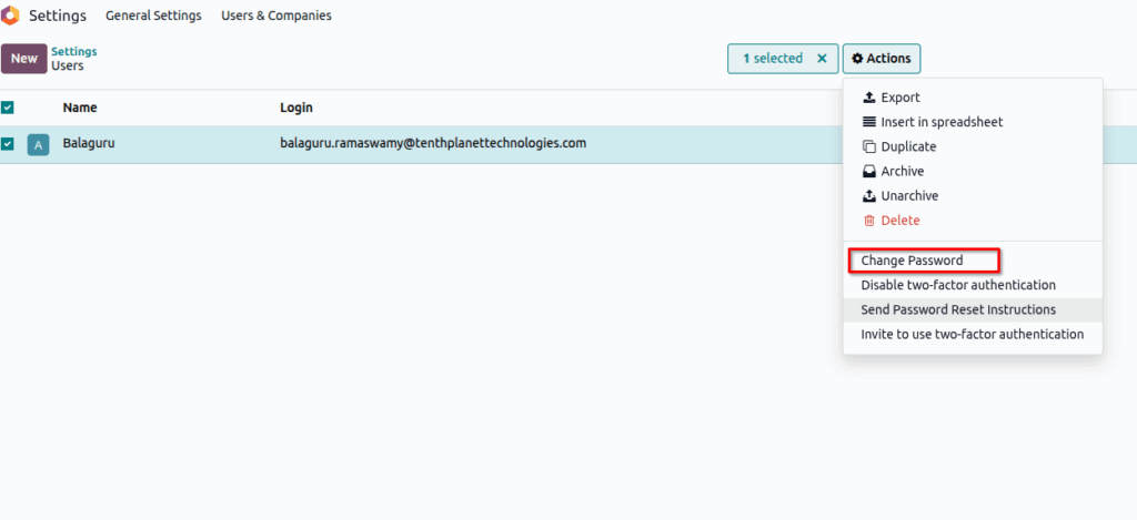 Odoo User password change