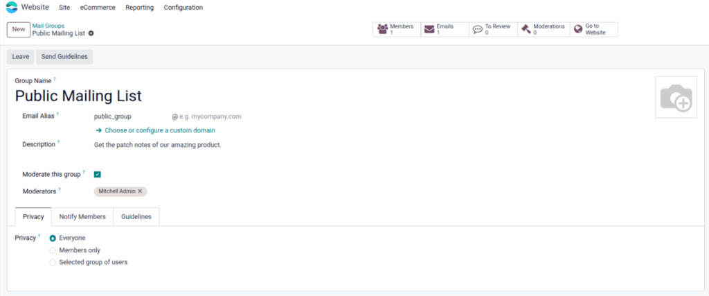 Odoo Website mail list