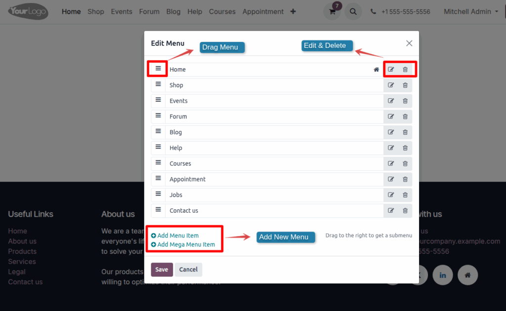 Odoo Website menu edit