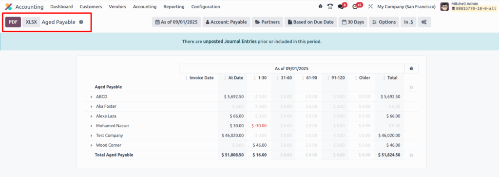 Odoo accounting Aged-Payable