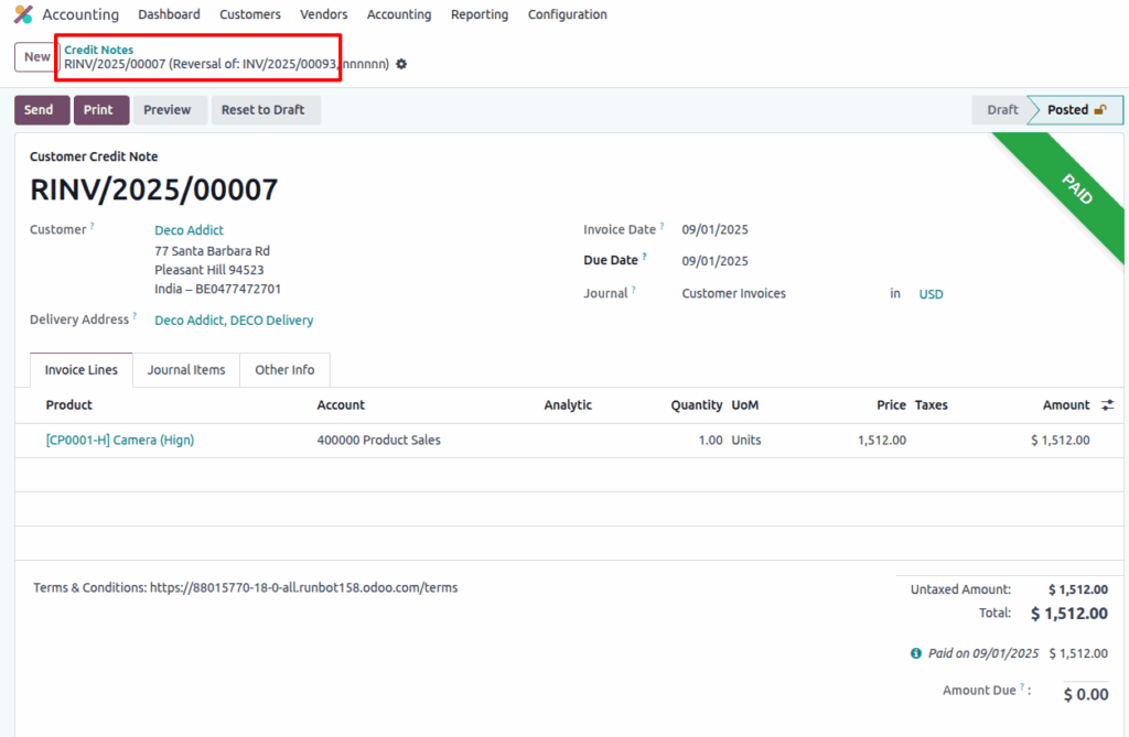 Odoo accounting credit notes