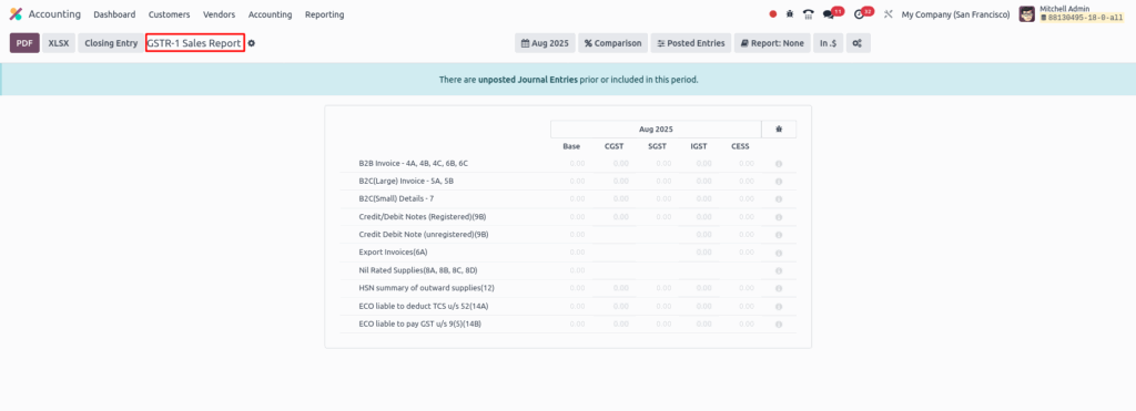 Odoo accounting_GSTR-1 Tax report screenshot