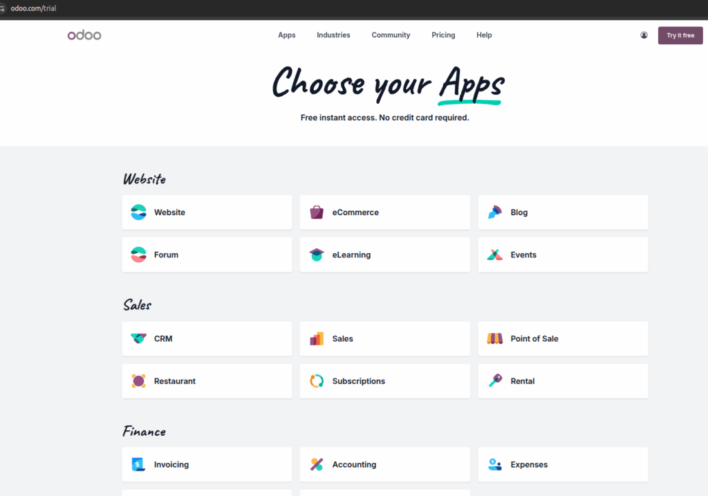 Odoo apps selection