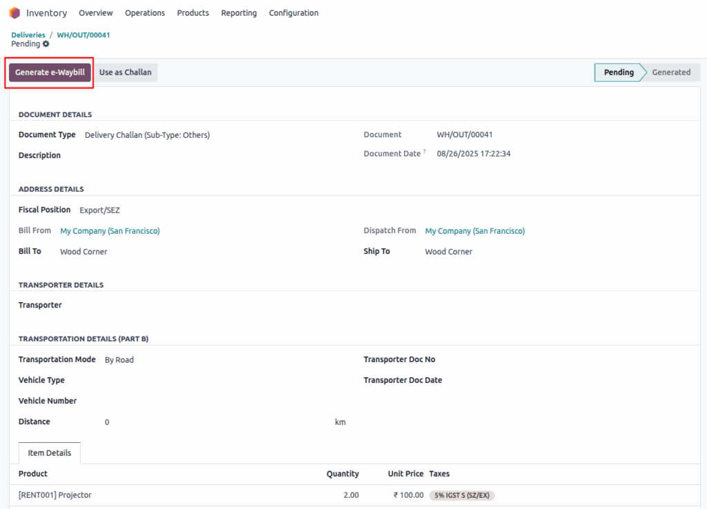 Odoo delivery order ewaybill gen