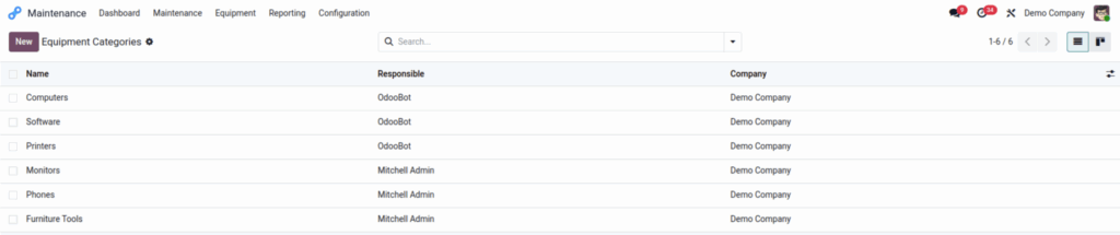 Odoo maintenance Equipment Categories screenshot