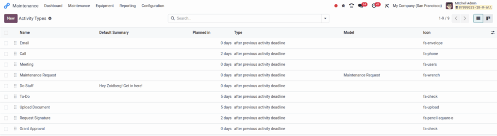 Odoo maintenance activity type screenshot