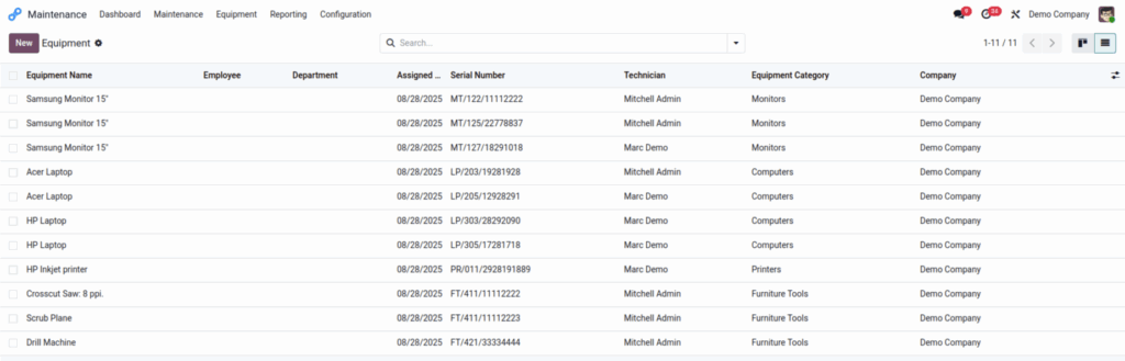 Odoo maintenance machine & tools screenshot