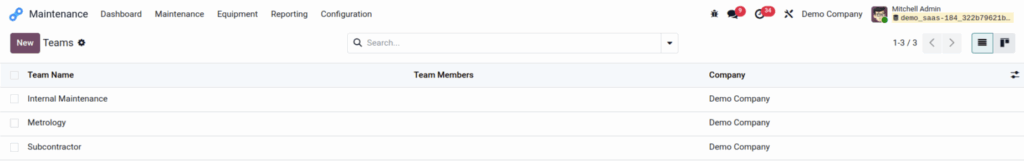 Odoo maintenance teams screenshot