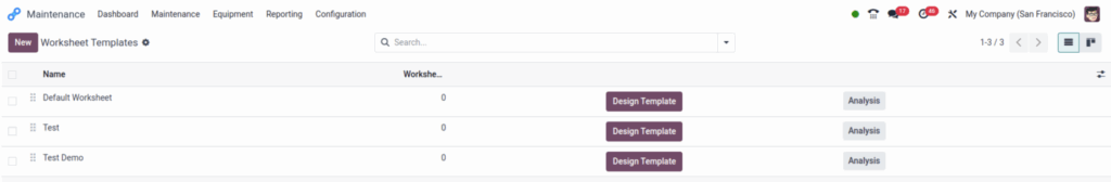 Odoo maintenance worksheet template screeshot