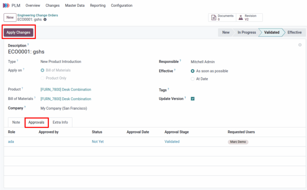 Odoo plm apply changes screenshot