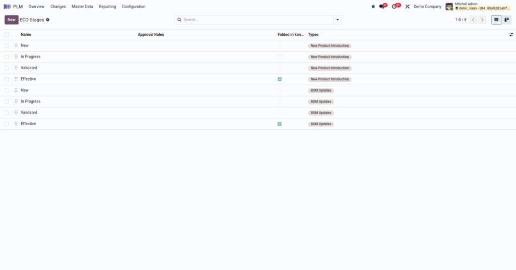 Odoo plm eco stages screen