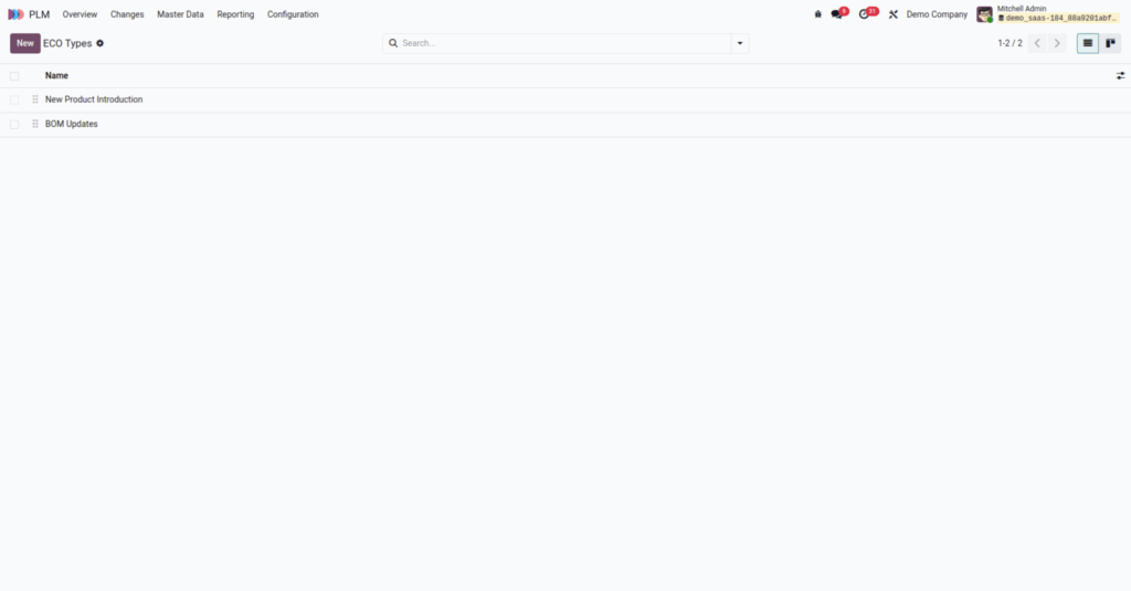 Odoo plm eco types screenshot