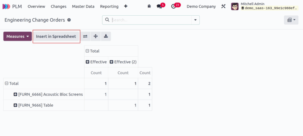 Odoo plm ecos reporting screenshot
