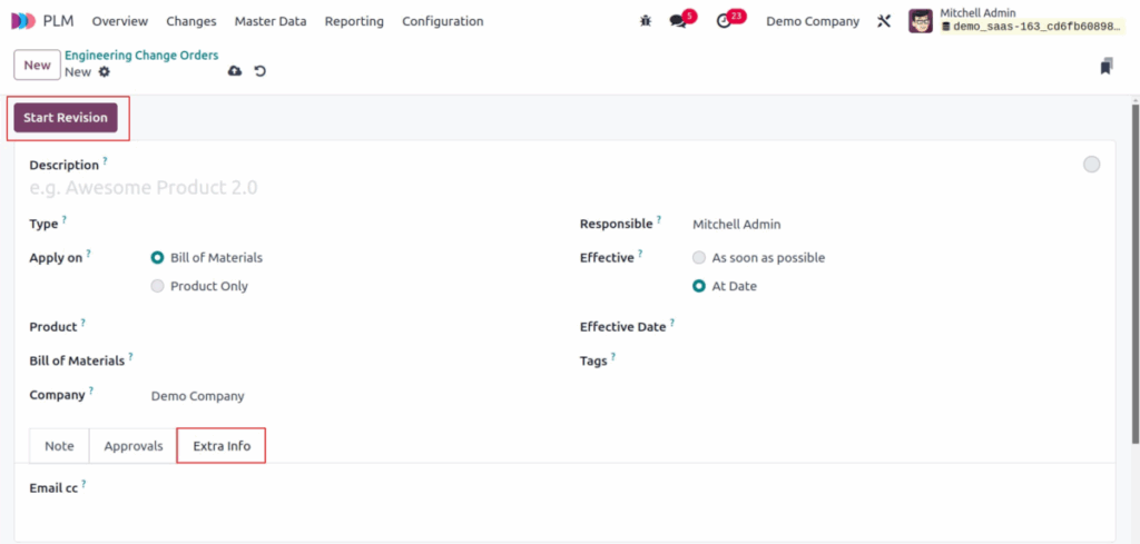 Odoo plm start revision screenshot