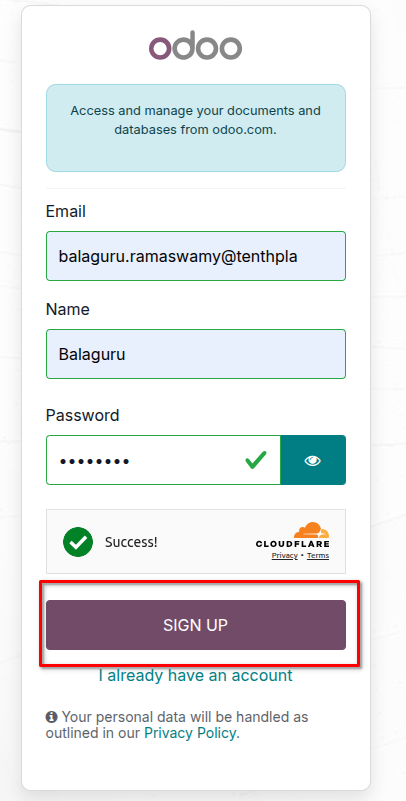 Odoo signup page