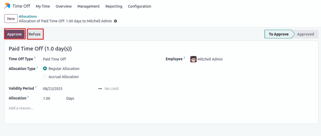 Odoo time off Manage allocation form view