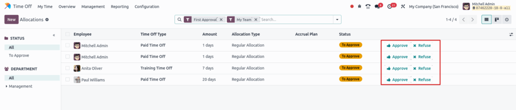 Odoo time off Manage allocation tree view