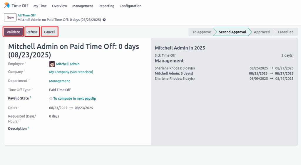 Odoo time off Manage time off form view