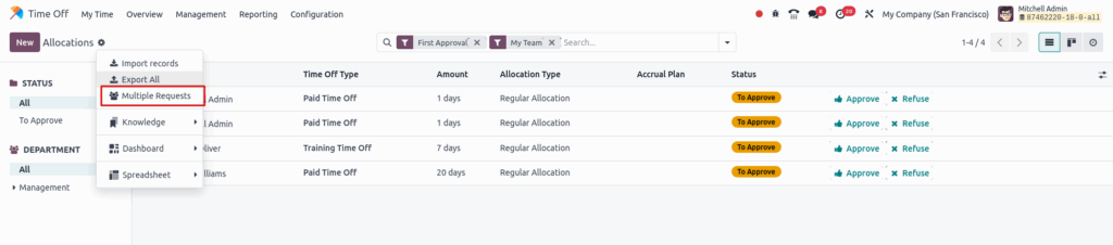 Odoo time off Multiple Requests Allocation Tree View