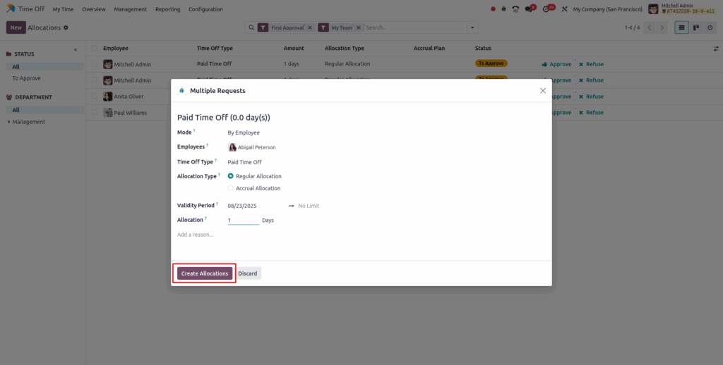 Odoo time off Multiple Requests Allocation create View