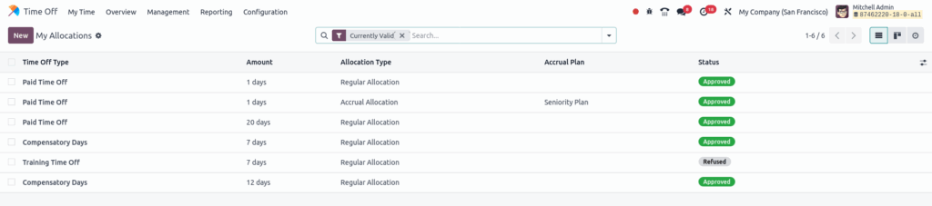 Odoo time off Request Allocation Create Button View