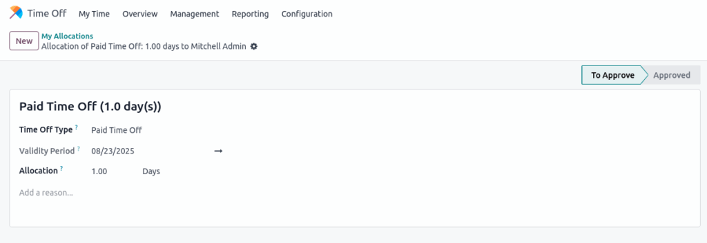 Odoo time off Request Allocation Form View