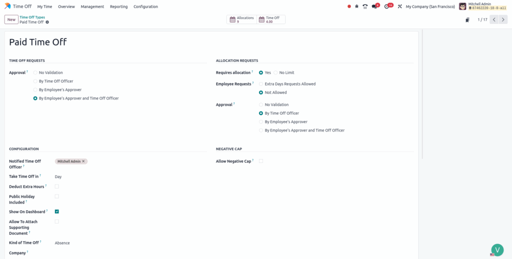 Odoo time off Time off types form view