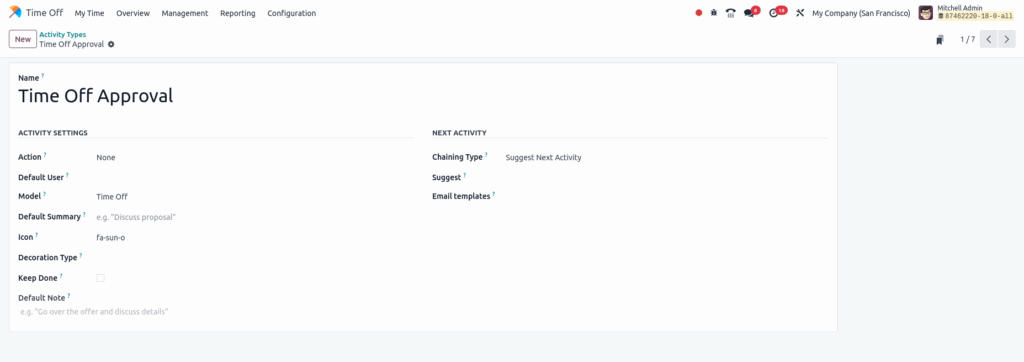 Odoo time off activity types form view